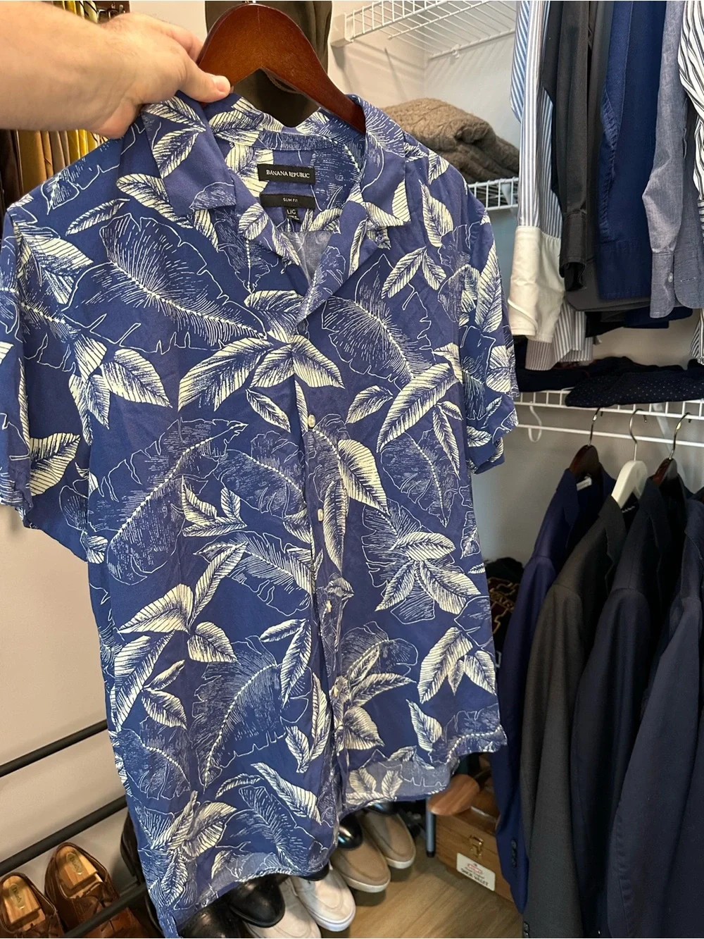 Banana Republic Men’s Navy Blue Button-Down with White Tropical Leaf Print